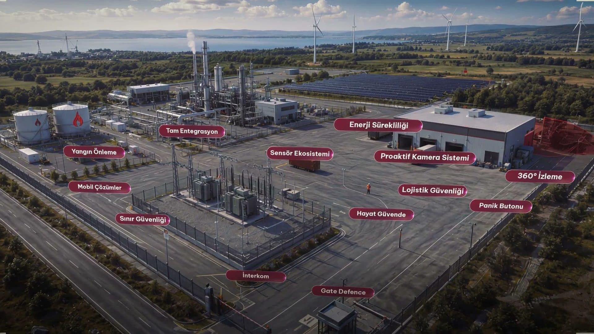 Enerji tesisi sahası ve üzerine işlenmiş güvenlik katmanı etiketleri