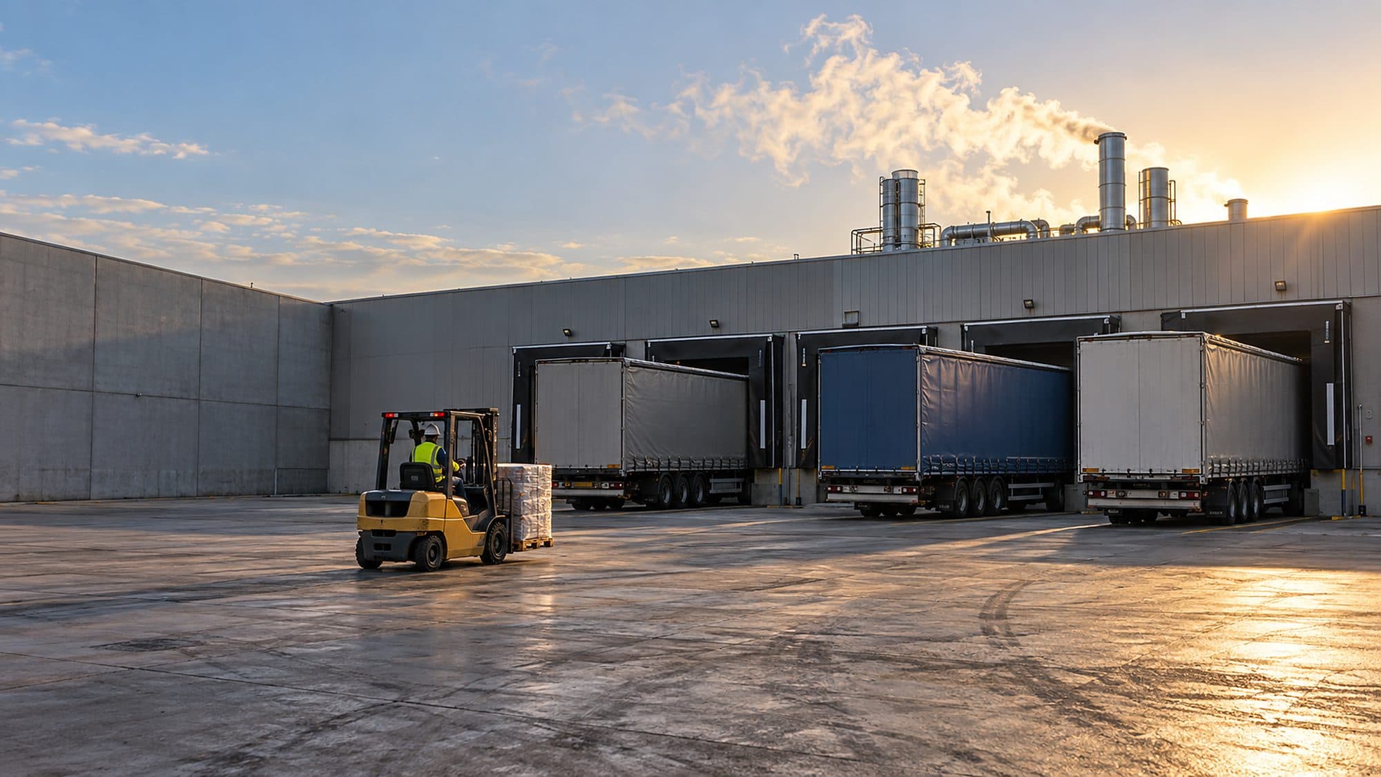 Üretim tesisinin yükleme rampaları, rampaya yanaşmış dorseler, forklift ve çatıdan yükselen buhar